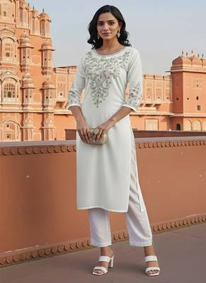 White embroidered rayon kurta set 3