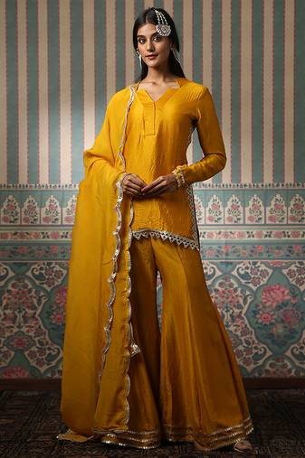 Mustard embroidered silk blend sharara set