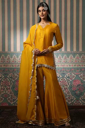 Mustard embroidered silk blend sharara set