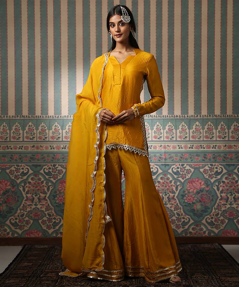 Mustard embroidered silk blend sharara set