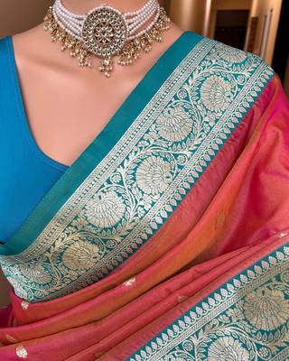 orange banarasi silk saree with zari weaving work 2