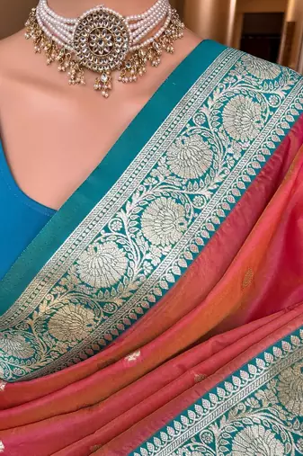 orange banarasi silk saree with zari weaving work