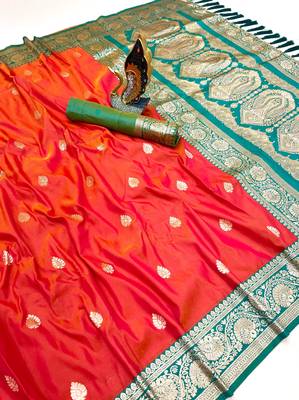 orange banarasi silk saree with zari weaving work 1