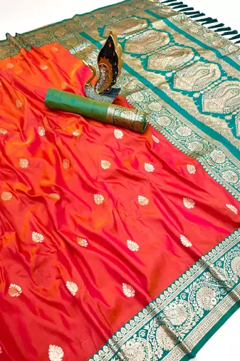 orange banarasi silk saree with zari weaving work