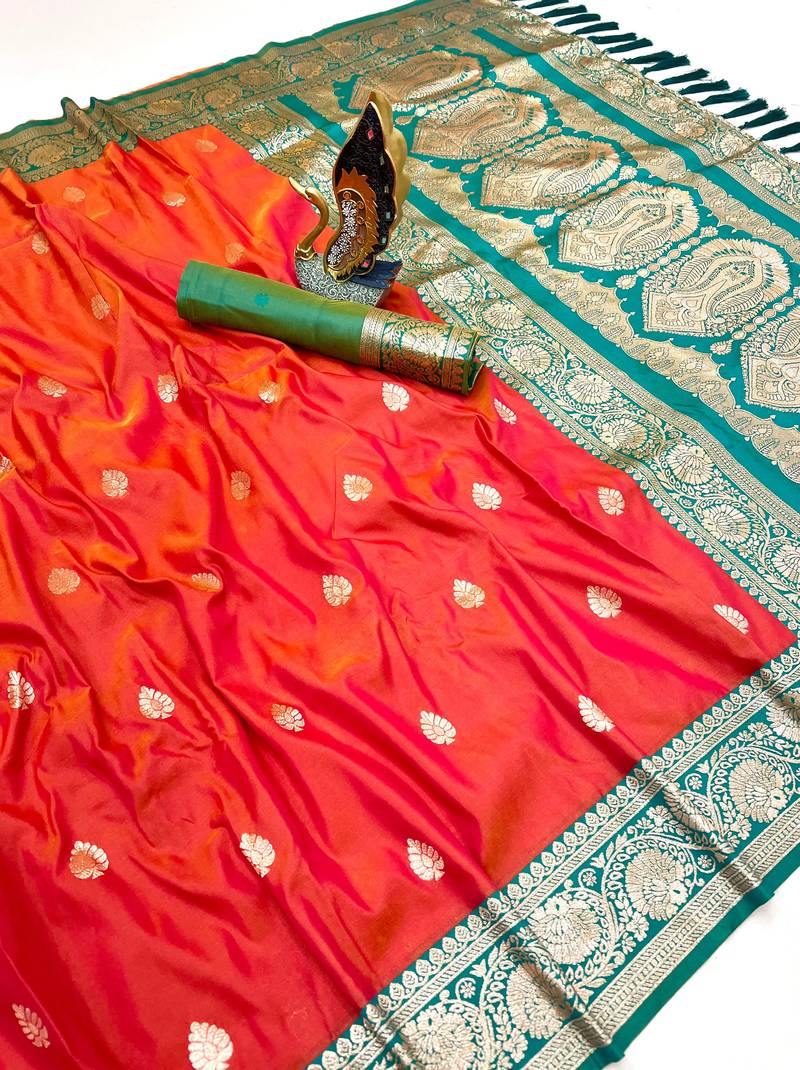 orange banarasi silk saree with zari weaving work