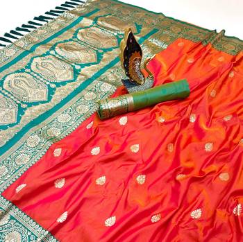 orange banarasi silk saree with zari weaving work 3