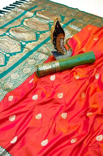 orange banarasi silk saree with zari weaving work