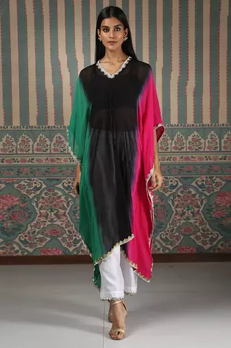 Multicolor embroidered organza kaftan set
