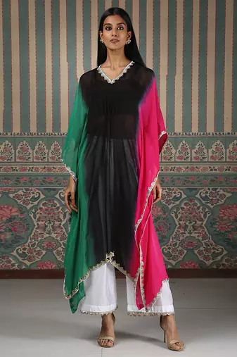 Multicolor embroidered organza kaftan set
