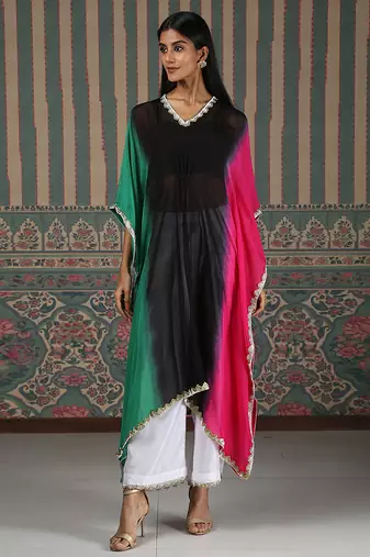 Multicolor embroidered organza kaftan set