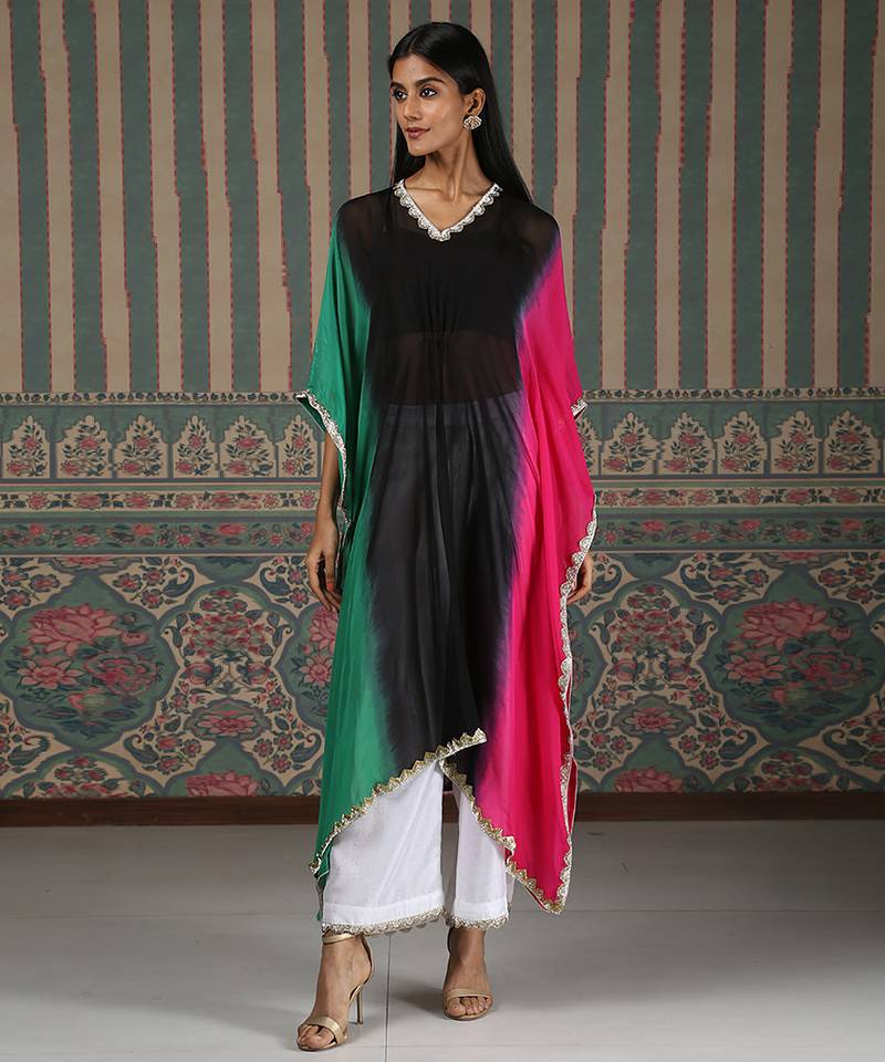 Multicolor embroidered organza kaftan set