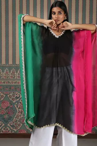 Multicolor embroidered organza kaftan set