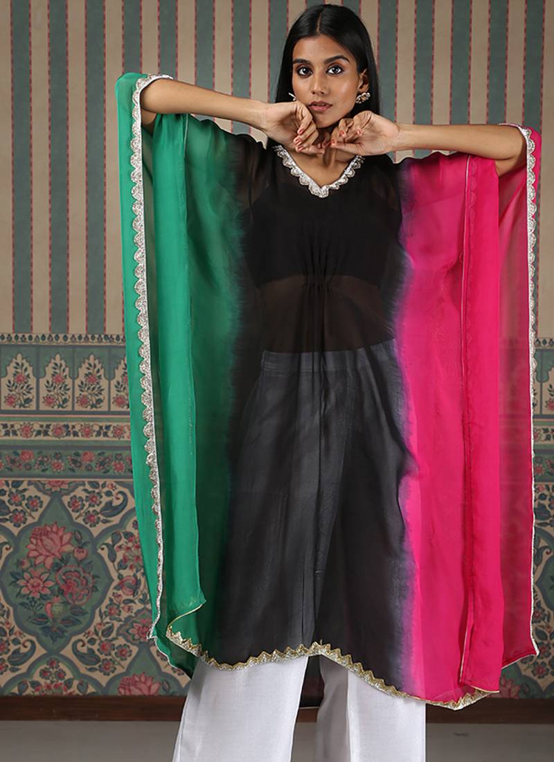 Multicolor embroidered organza kaftan set