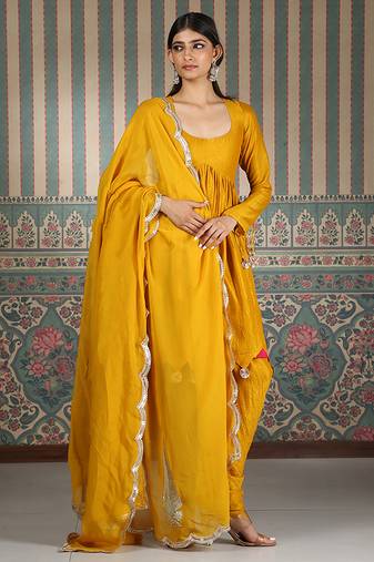 Mustard plain silk blend kurta set
