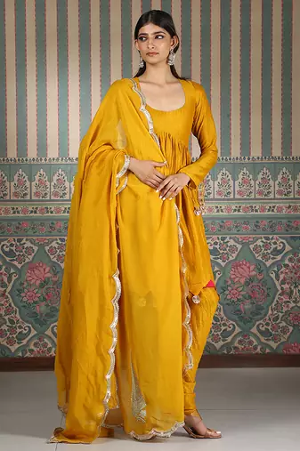 Mustard plain silk blend kurta set