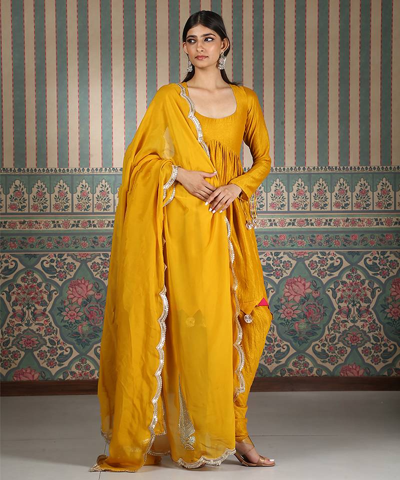 Mustard plain silk blend kurta set