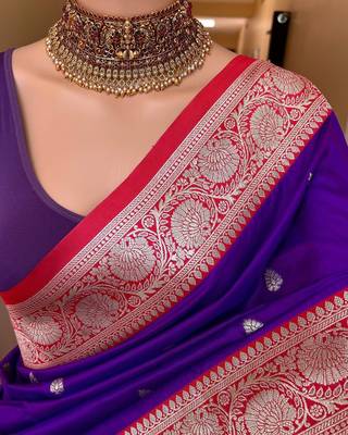 purple banarasi silk saree with zari weaving work 2