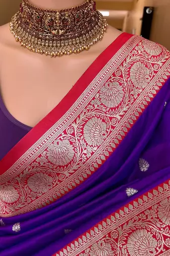 purple banarasi silk saree with zari weaving work