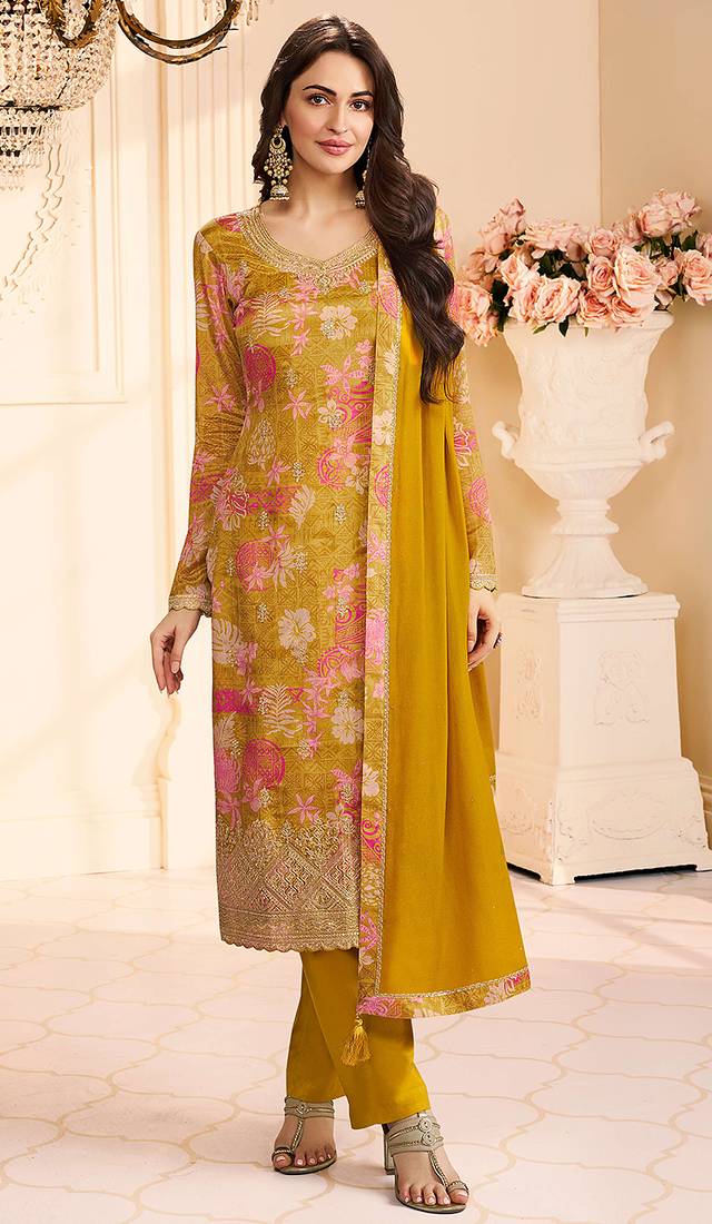 Mustard chinon silk floral printed and embroidered salwar kameez