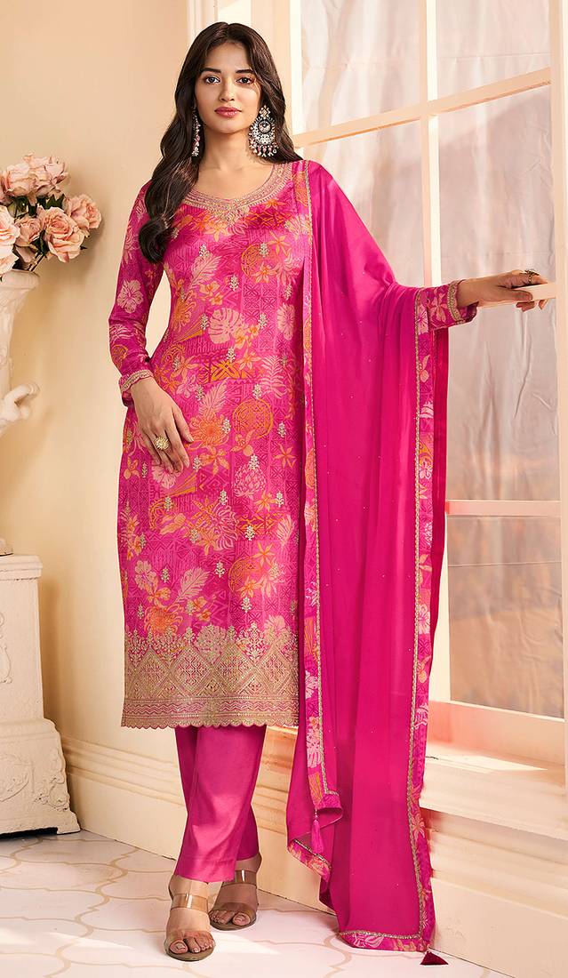 Rani pink chinon silk floral printed and embroidered salwar kameez