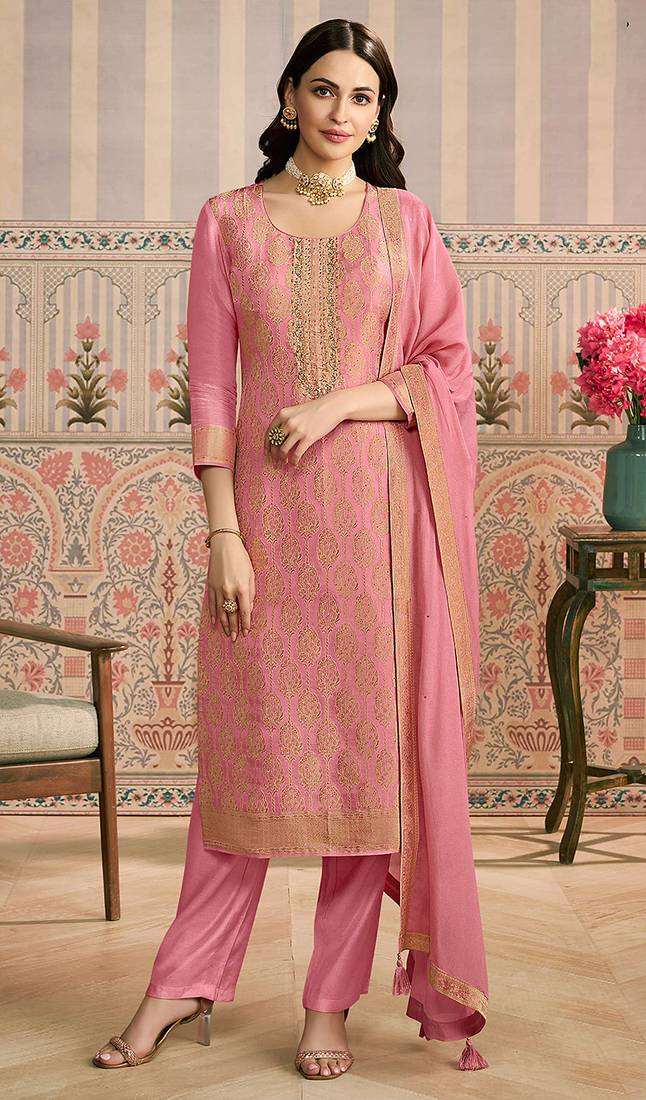 Pink embroidred shimmer jacquard salwar suit