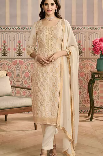 Cream embroidred shimmer jacquard salwar suit