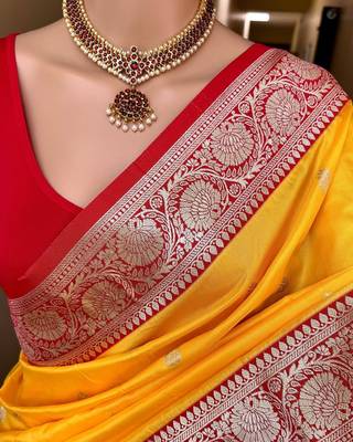 yellow banarasi silk saree with zari weaving work 2