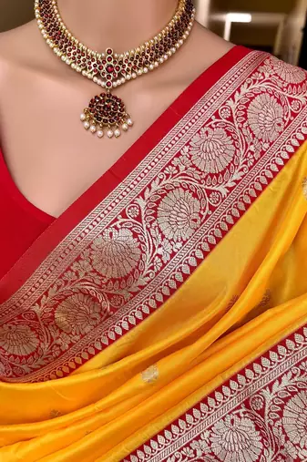 yellow banarasi silk saree with zari weaving work