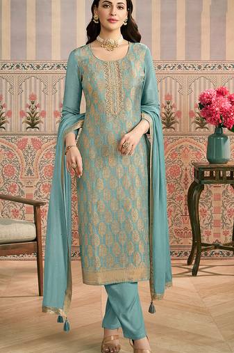 Light teal embroidred shimmer jacquard salwar suit