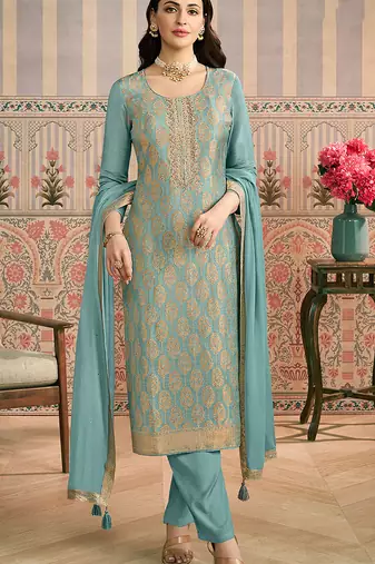 Light teal embroidred shimmer jacquard salwar suit
