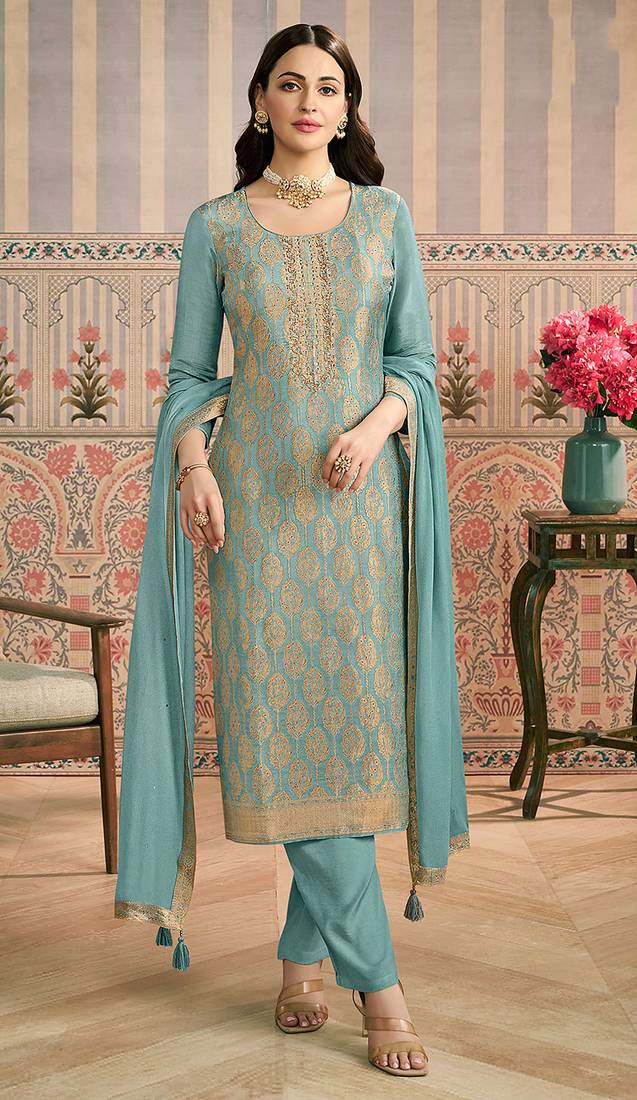 Light teal embroidred shimmer jacquard salwar suit