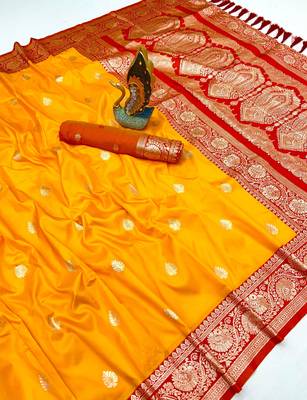 yellow banarasi silk saree with zari weaving work 1