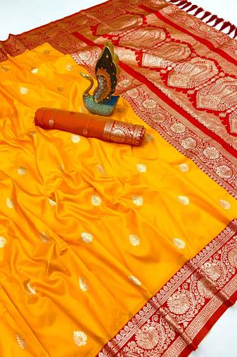yellow banarasi silk saree with zari weaving work