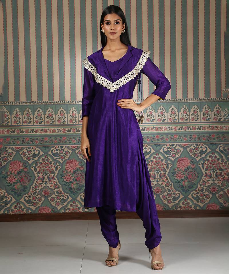 Purple embroidered kurta set with cape