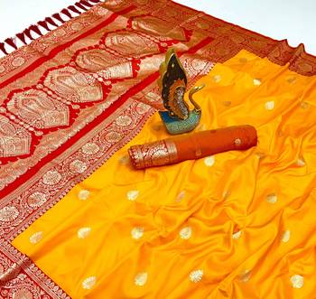 yellow banarasi silk saree with zari weaving work 3