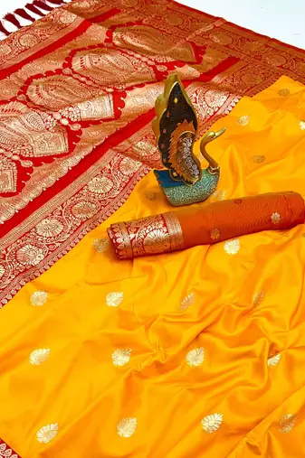 yellow banarasi silk saree with zari weaving work