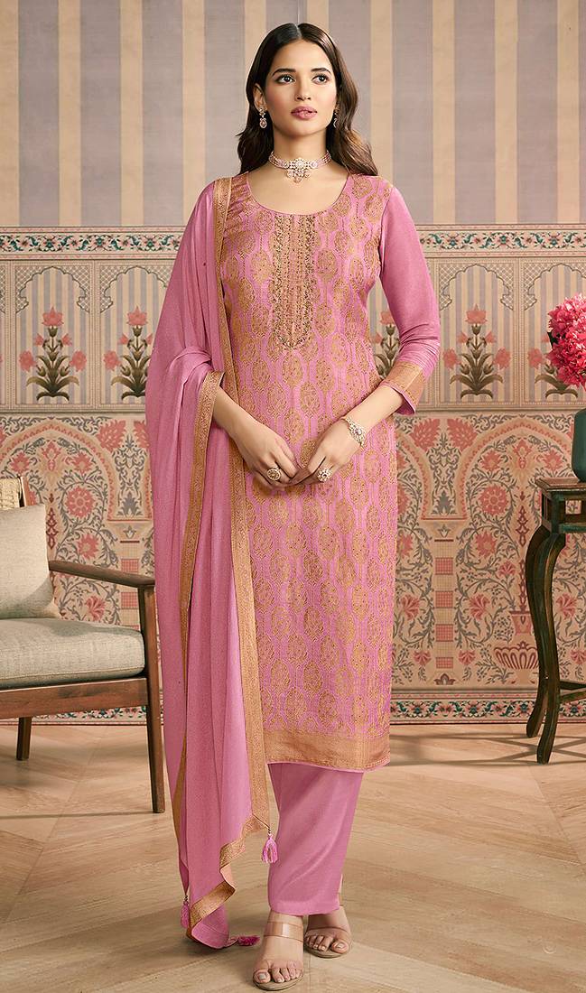 Onion pink embroidred shimmer jacquard salwar suit