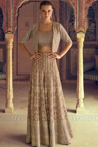 Beige georgette embroidered saroski zarkan work western plazzo suit