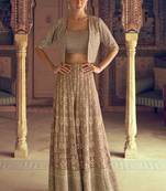 Beige georgette embroidered saroski zarkan work western plazzo suit