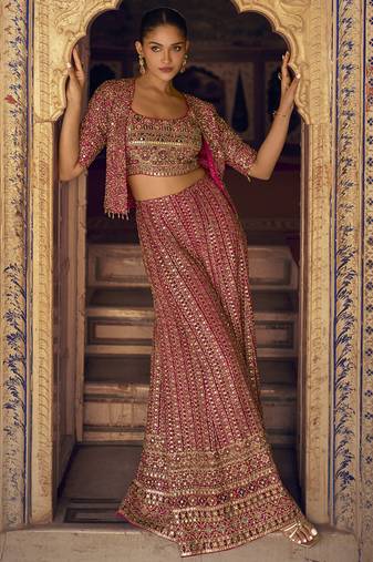 Pink georgette embroidered saroski zarkan work western plazzo suit