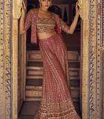 Pink georgette embroidered saroski zarkan work western plazzo suit