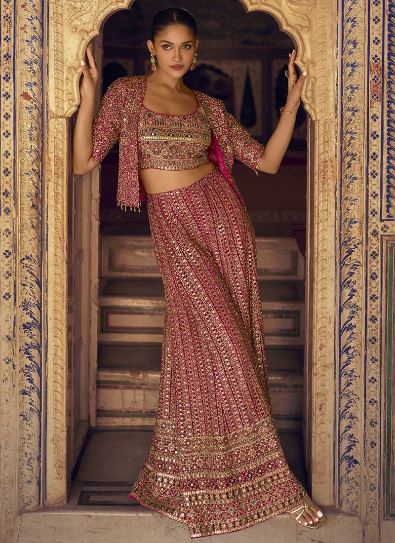 Pink georgette embroidered saroski zarkan work western plazzo suit