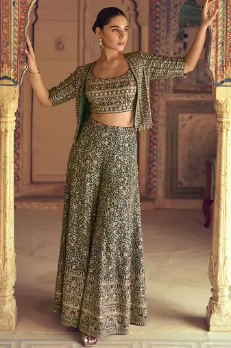 Green georgette embroidered saroski zarkan work western plazzo suit