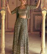 Green georgette embroidered saroski zarkan work western plazzo suit