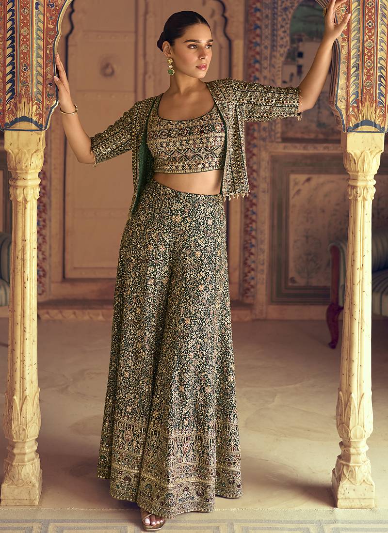 Green georgette embroidered saroski zarkan work western plazzo suit