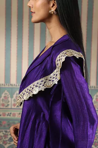 Purple embroidered kurta set with cape