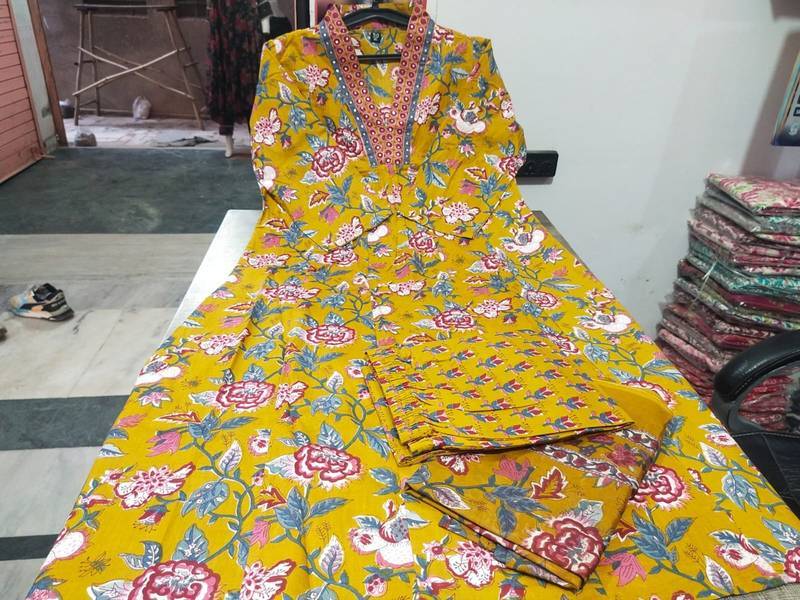 Jaipuri Yellow Women's Cotton Blend Anarkali Printed Kurta With Palazzo & Dupatta