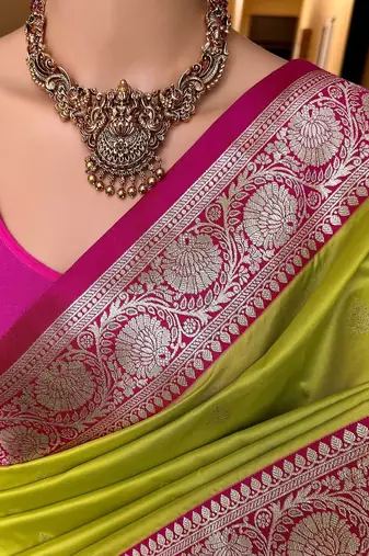 parrot green banarasi silk saree with zari weaving work