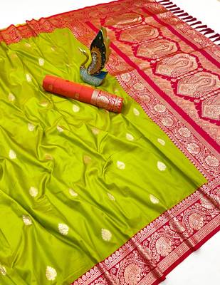 parrot green banarasi silk saree with zari weaving work 1