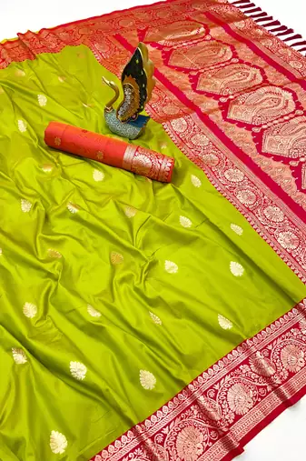 parrot green banarasi silk saree with zari weaving work